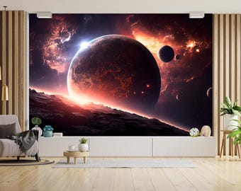 Papier peint planète galaxie, art mural, coucher de soleil cosmique, vue depuis la surface, thème de l&#39;univers pour chambre à coucher, salon, décoration de plafond