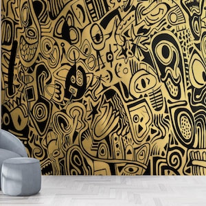 Gold Doodle Wallpaper Wall Mural Abstract Artistic Vinyl  Peel And Stick Graffiti Style Bold Wall Print Contemporary Interior Accent Mural