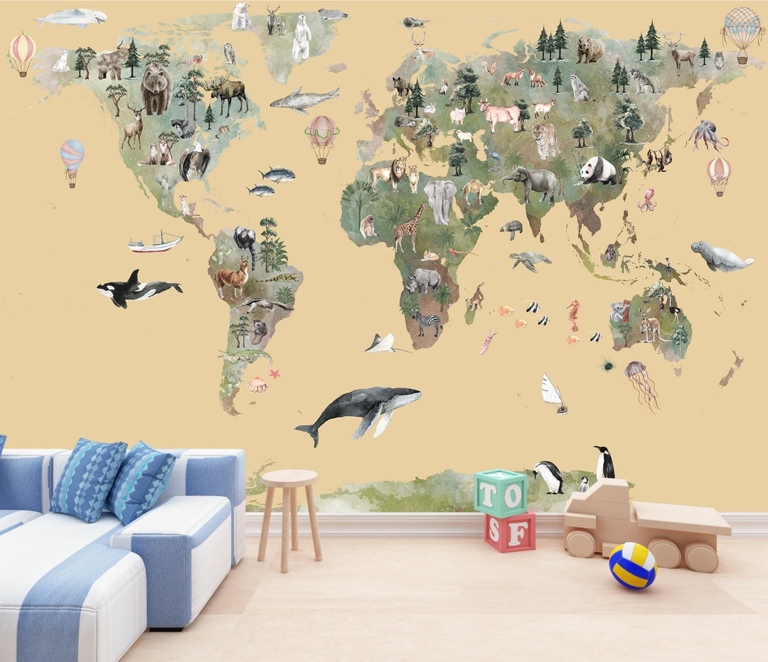 Nursery World Map Wallpaper Kids Print Peel and Stick Nursery Yellow ...