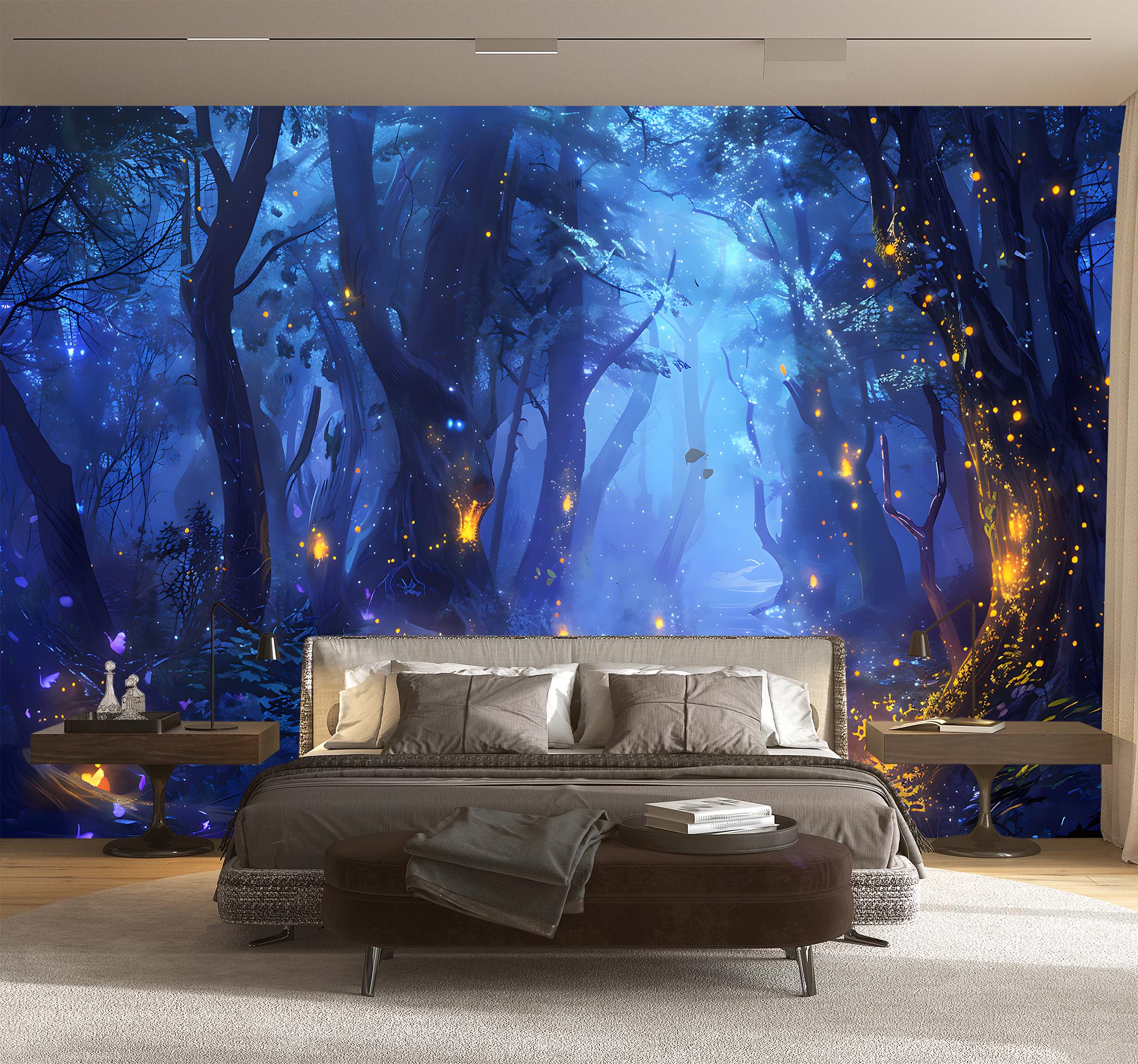 Fantastisch Magisch Bos Vuurvliegjes Behang Blauw Foto