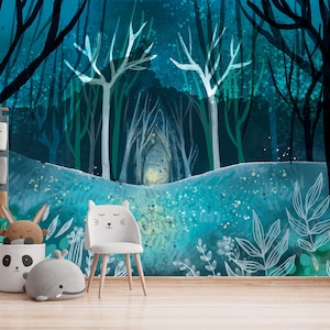 Mural de pared autoadhesivo con diseño de bosque oscuro y árboles misteriosos para dormitorio, sala de estar, guardería