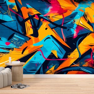 Carta da parati murale con graffiti di strada per la stanza degli adolescenti, stampa murale urbana, arte murale colorata in stile street, sfondo moderno astratto di strada.