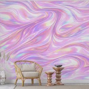 Mural de pared de ondas iridiscentes: papel pintado holográfico pastel autoadhesivo