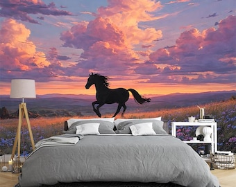 Wild Horse Sunset Wall Mural – Scenic Landscape Wallpaper with Flowers, Dramatic Sky Art, Peel & Stick Bedroom Decor