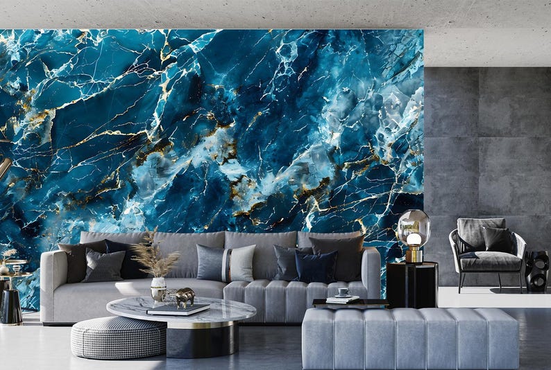 Blue and Gold Marble Vinyl Wallpaper, Peel and Stick Mural - Etsy