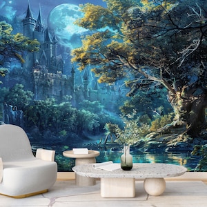 Carta da parati murale con castello al chiaro di luna, murale con fiume nella foresta notturna, murale con castello fantasy staccabile e adesivo, murale con natura mistica per camera da letto e soggiorno