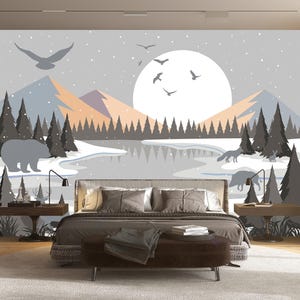 Winter Wallpaper Lake Landscape Mural Forest Animals Snowy Nature Scene Cozy Background Mural Nursery Bedroom Living Room Wallpaper