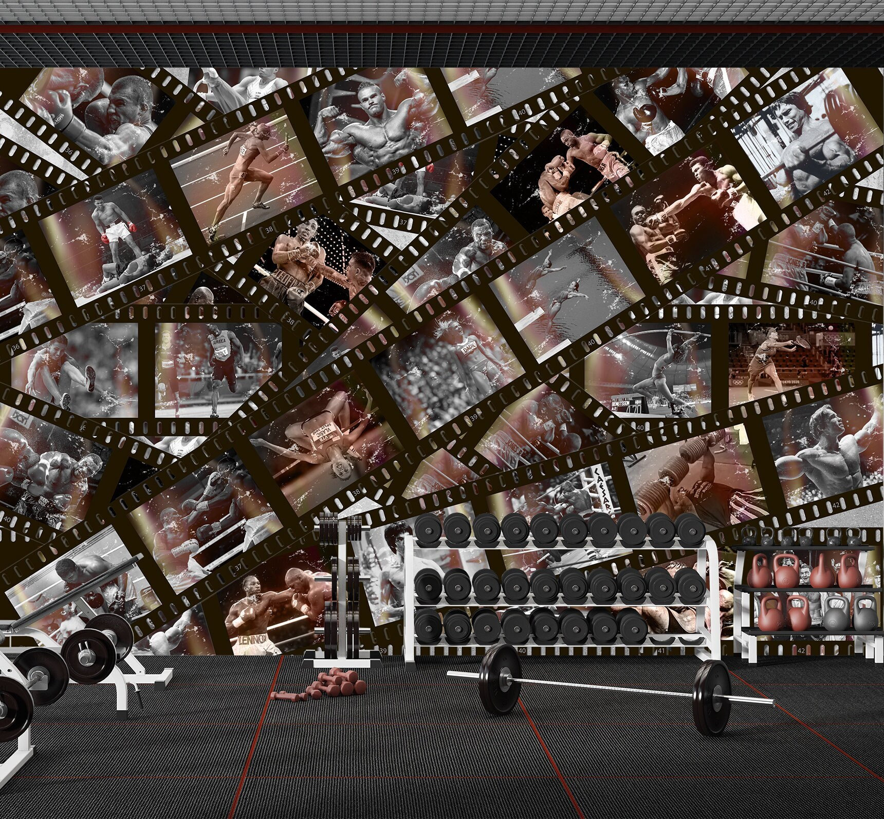 Gym Wallpaper Retro Cinema Tape Art Peel and Stick Vinyl Print Vintage Collage Famous Boxing Athletes Art Wall Mural Home Gym Decor