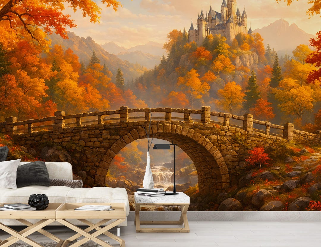 Fairytale Castle Autumn Forest Mural – Scenic Panorama Wall Wallpaper ...