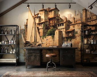 Italian Village Wallpaper, Mediterranean Town Mural, Vintage Tuscany Wall Mural, Peel and Stick or Non Woven Wallpaper, Rustic Decor