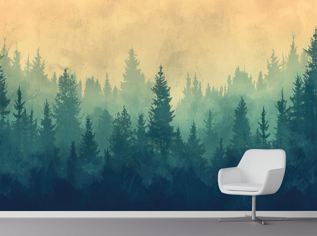 Misty Pine Forest Wallpaper Mural Scenic Evergreen Trees Landscape Wall ...