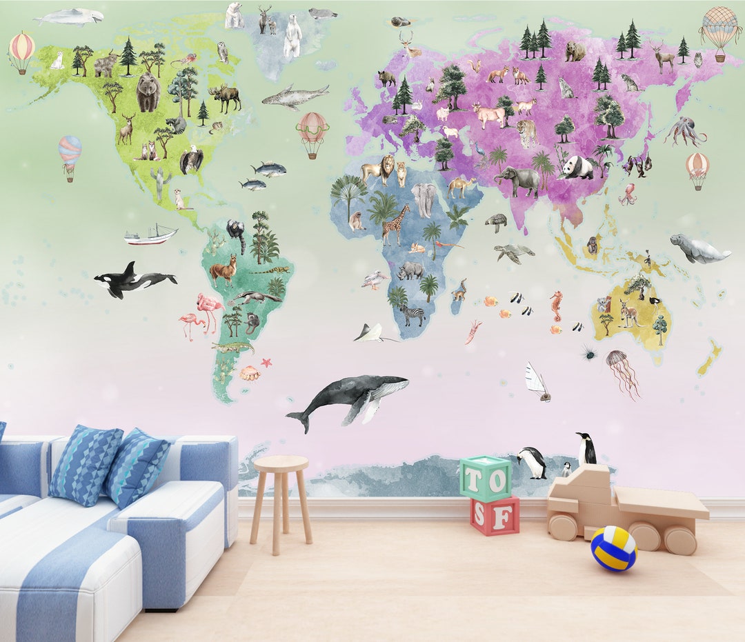 Kids World Map Wallpaper Peel and Stick Colorful Baby Print Nursery ...