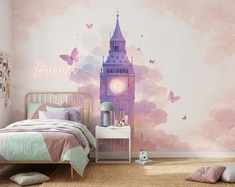 Big Ben Tower Mural, Pastel Sky Butterflies, Dreamy Girls Room Wallpaper (Peel and Stick)