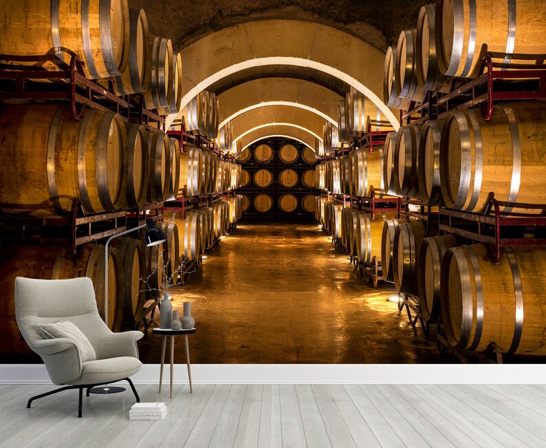 Wine Cellar Mural | Rustic Barrel Wall, Peel and Stick Wallpaper - Etsy