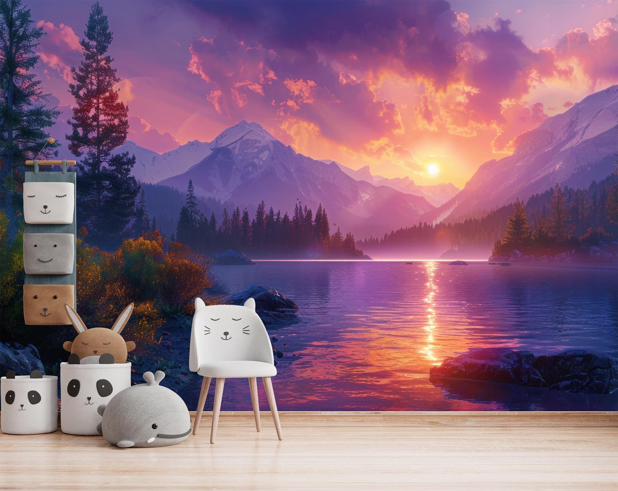 Sunset Mountain Lake Wall Mural Peel & Stick Nature Wallpaper Vibrant ...