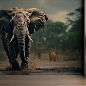 Carta da parati murale con elefanti selvatici, natura africana piovosa, stacca e attacca, safari, arte murale per camera da letto, soggiorno, ufficio, decorazione, sfondo zoo