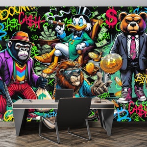 Graffiti Animali Carta da parati Soldi Dollari Bitcoin Carta da parati colorata Carta da parati in vinile aziendale Stacca e attacca Stampa moderna astratta per ufficio