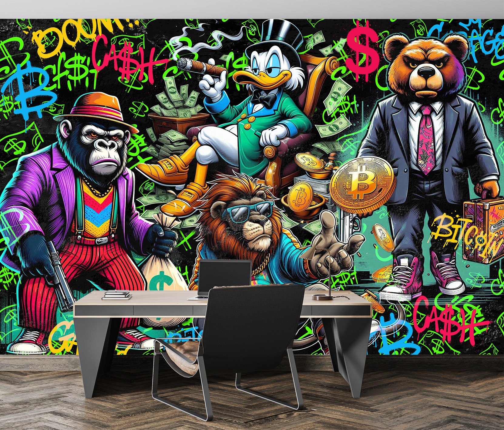 グラフィティ動物壁紙お金ドルビットコイン壁画カラフルなビジネスビニール壁紙剥がして貼るモダン抽象オフィスプリント - Etsy 日本