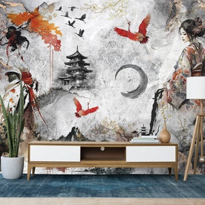 Japanische Tapete Geisha Wandbild Asiatisch inspiriertes Schälen & Aufkleben Vintage Störche Druck Retro Kranich Vögel Wandbild Wohnzimmer und Schlafzimmer Wandbild