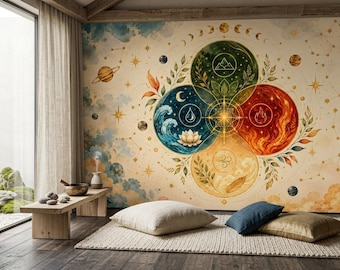 Elemental Wallpaper Mural, Boho Spiritual Wall Decor, Four Elements Earth Air Fire Water, Yoga Room Wallpaper, Celestial Wall Art