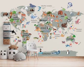 Carta da parati con mappa del mondo per la cameretta dei bambini, stampa adesiva per bambini, decorazione murale per la cameretta, murale per bambini, decorazione per la casa e la cameretta dei bambini.