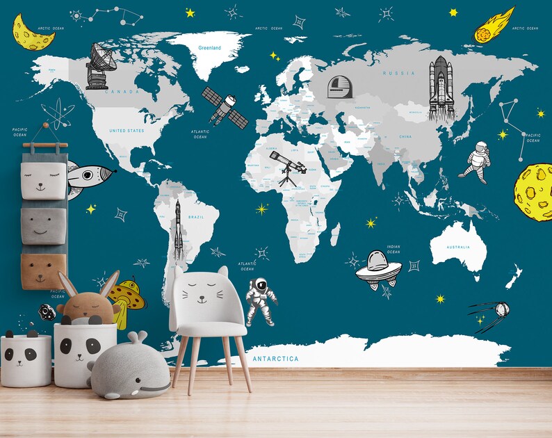 Child World Map Baby Room Wallpaper Kids Print Peel and Stick Nursery