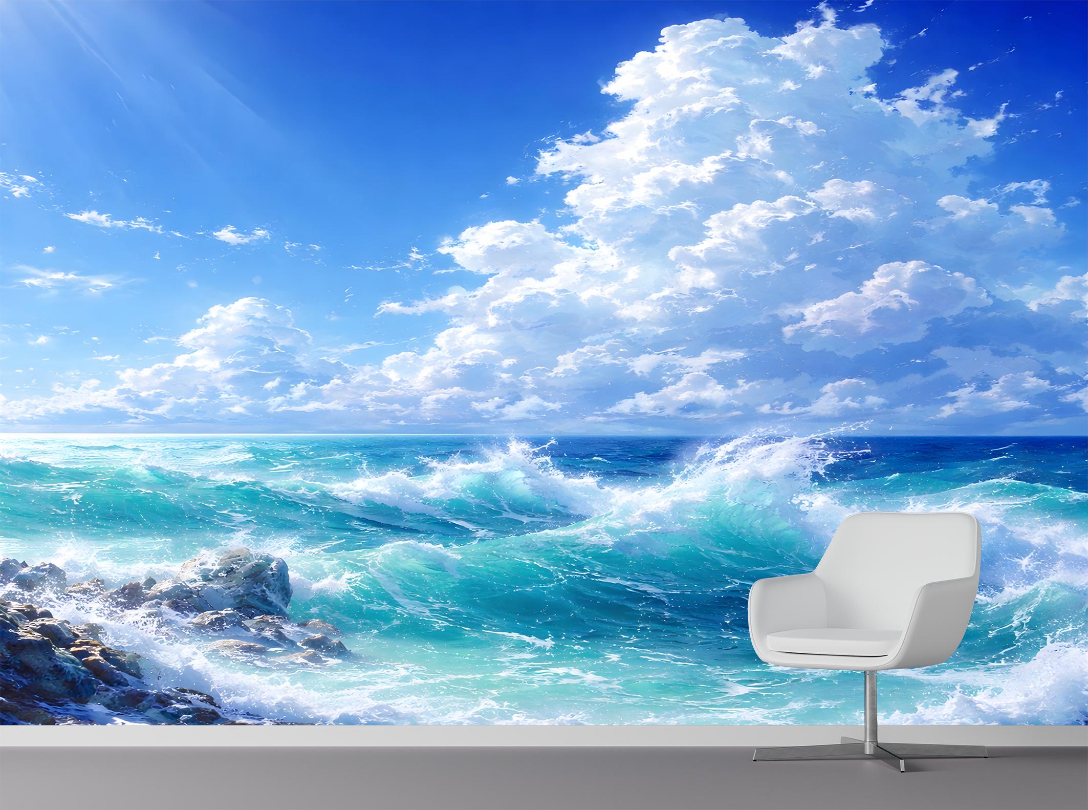 Ocean Wave Peel and Stick Wall Mural Blue Sea Landscape Non-woven ...