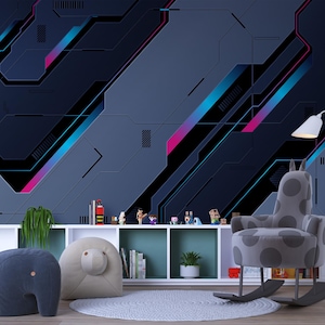 Techno Wave Gamer Wallpaper Mural Setup Room Aesthetic Removable Peel and Stick Wall Mural Neon Lines Gaming Background Mural Play Bedroom