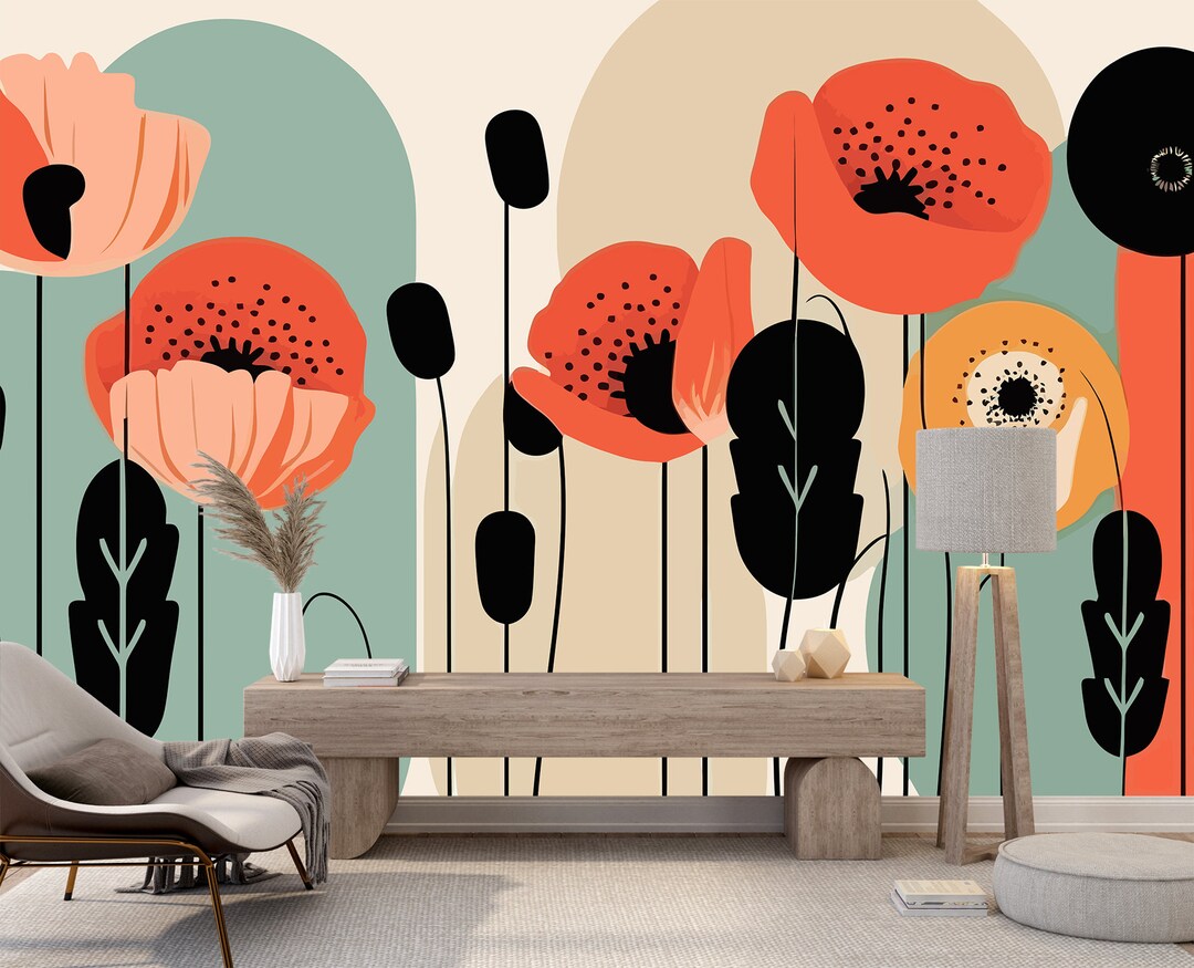 Poppy Flowers Minimalist Wallpaper Art Funky Modern Wall Mural Peel and ...
