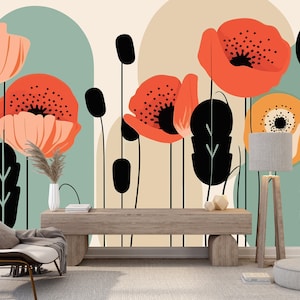 Carta da parati minimalista con fiori di papavero, arte murale moderna e funky, stacca e attacca, murale boho con fiori di papavero, arte murale funky, camera da letto, stanza Rarden