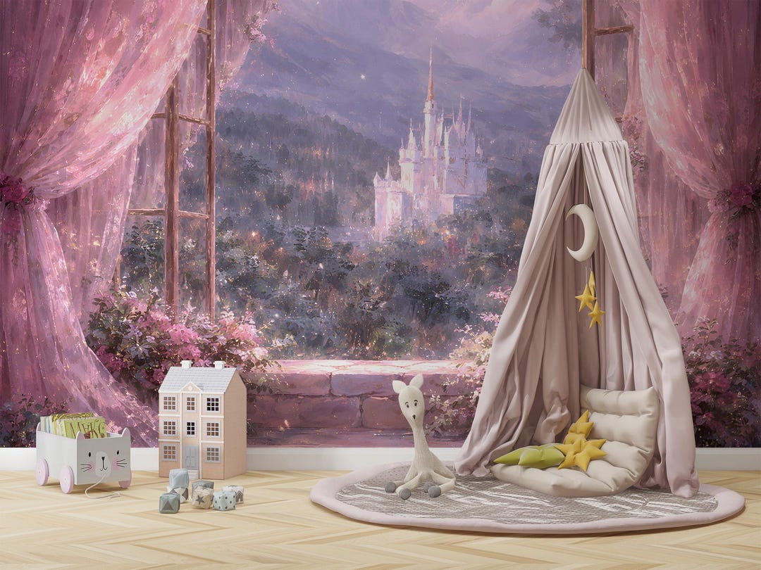Pastel Fairytale Castle Wall Mural: Kids Princess Nursery Decor (peel ...