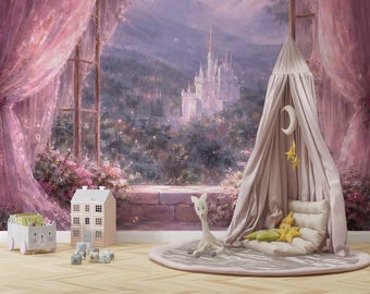 Pastel Fairytale Castle Wall Mural: Kids Princess Nursery Decor (Peel and Stick)