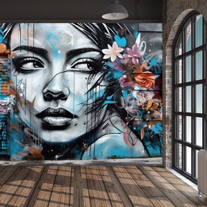 Carta da parati con graffiti urbani, muro di graffiti, edificio con volto di donna astratto, stampa staccabile e adesiva, arte di strada, murale autoadesivo grunge