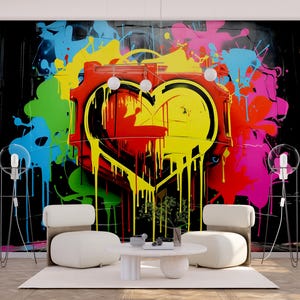 Carta da parati a forma di cuore con graffiti, murale di street art, design grunge, stacca e attacca, decorazione da parete urbana per camera da letto, soggiorno, ufficio