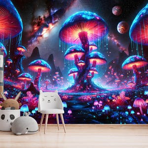 Fantasy Mushroom Wallpaper Vinyl Magical Landscape Wall Mural Peel & Stick Fantasy Design Kids Room Bedroom Living Room Fairy Tale Wallpaper