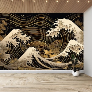 Great Wave off Kanagawa Wallpaper Art Peel And Stick Vintage Asian Wall Art Deco Vinyl Wallpaper Print Retro Japanese Custom Size Wall Mural