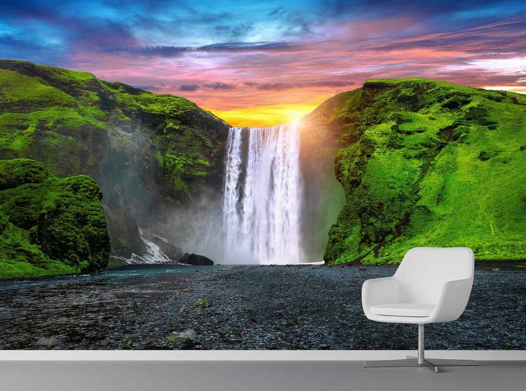 Waterfall Mural Peel and Stick Sunset Nature Landscape Wallpaper Print ...
