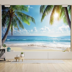 Carta da parati con spiaggia tropicale, vista sull'oceano, palme, mare blu, cielo soleggiato, stacca e attacca, paesaggio costiero rilassante, soggiorno, camera da letto