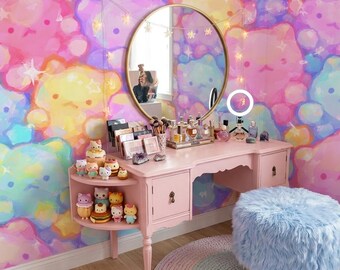 Pastel Rainbow Bear Cloud Wallpaper Mural, Kawaii Nursery Decor (Peel and Stick)