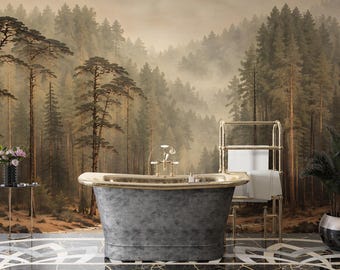 Misty Pine Forest Wall Mural, Moody Mountain Landscape Wallpaper (Peel and Stick)
