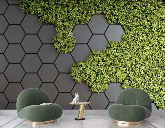 Abstract Print Shapes Home Plant Grass Decor Stick Hexagon With and Wallpaper Etsy Peel - Mural Room Grass Wall Bush Art Decor Mural Wall Wall Art