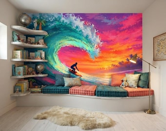 Surf Wall Mural, Colorful Wave Peel and Stick Wallpaper, Boy's Room Decal, Tropical Sunset Surfing Wallpaper, Wall Decor