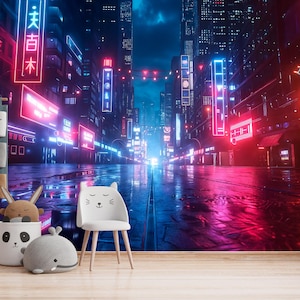 Cyberpunk City Night Wallpaper Peel And Stick Vinyl Wall Mural Neon Lights Background For Bedroom Gaming Room Office Decor Futuristic Theme