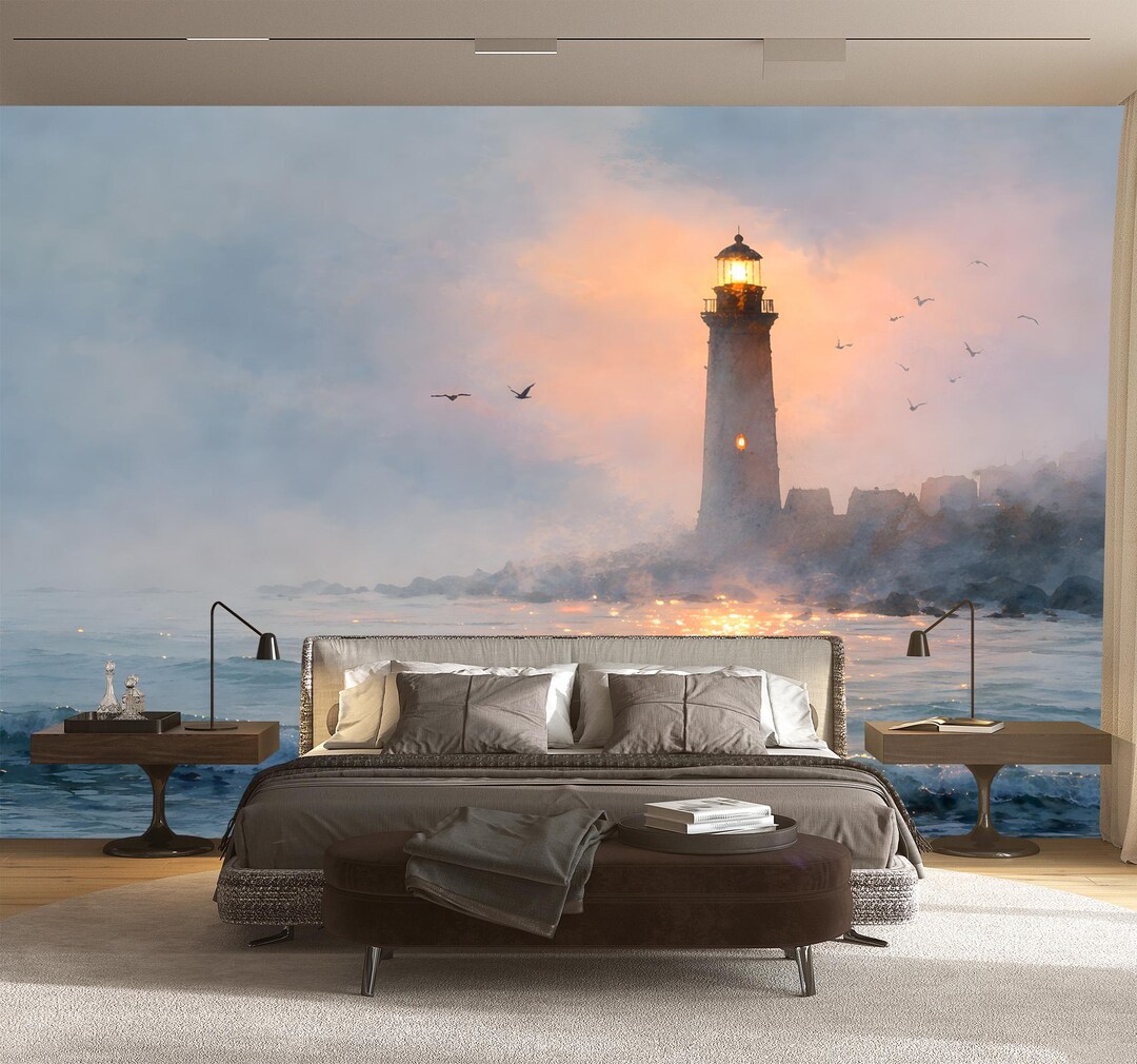 Lighthouse Seascape Wall Mural: Coastal Sunset, Foggy Ocean Wallpaper ...
