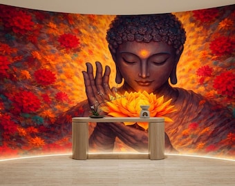 Muurschildering Boeddha Peel-and-Stick behang lotusbloem meditatie kunst zen spirituele muur decor yoga kamer behang oranje bloemen muurschildering