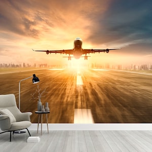Airplane Take Off Wall Mural Wallpaper Cloudy Sky Wall Mural Peel and Stick Wallpaper Print Wall Mural Wall Decor Home Bedroom Wallpaper