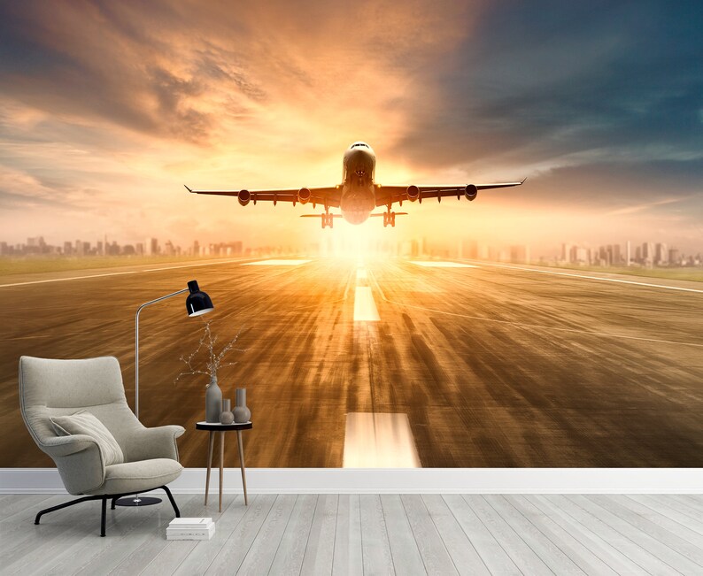 Airplane Take off Wall Mural Wall Decor Cloudy Sky Wall Art Peel and