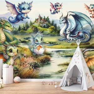 Baby Dragons Wallpaper Kids Animals Wall Mural Peel and Stick Vinyl Green Wallpaper Nursery Sweet Dragon Room Decor Drawn Pastel Landscape