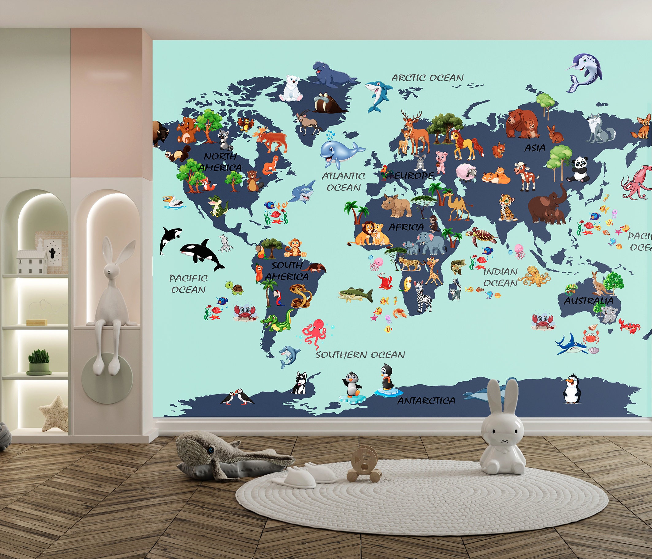 Nursery World Map Baby Room Wallpaper Kids Print Peel and Stick Nursery ...