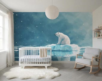 Polar Bear on Iceberg Print, Winter Arctic Ocean Wall Art, Cute Snowy Animal Poster, Digital Download, Minimalist Blue Nature Decor